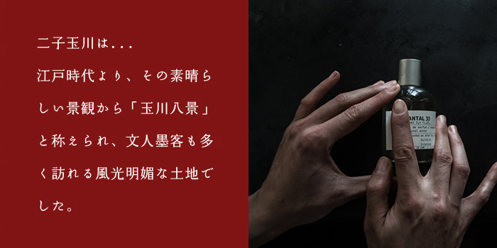 二子玉川は...江戸時代より、その素晴らしい景観から「玉川八景」と称えられ、文人墨客も多く訪れる風光明媚な土地でした。