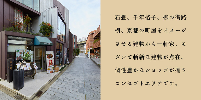石畳、千年格子、柳の街路樹、京都の町屋をイメージさせる建物から一軒家、モダンで斬新な建物が点在。個性豊かなショップが揃うコンセプトエリアです。